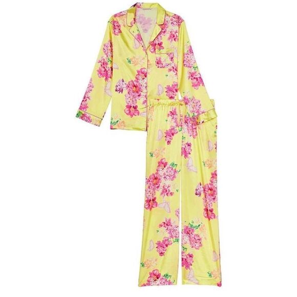 Victorias Secret Floral SATIN button down top & bottoms pant pajama Set Yellow - Picture 1 of 4